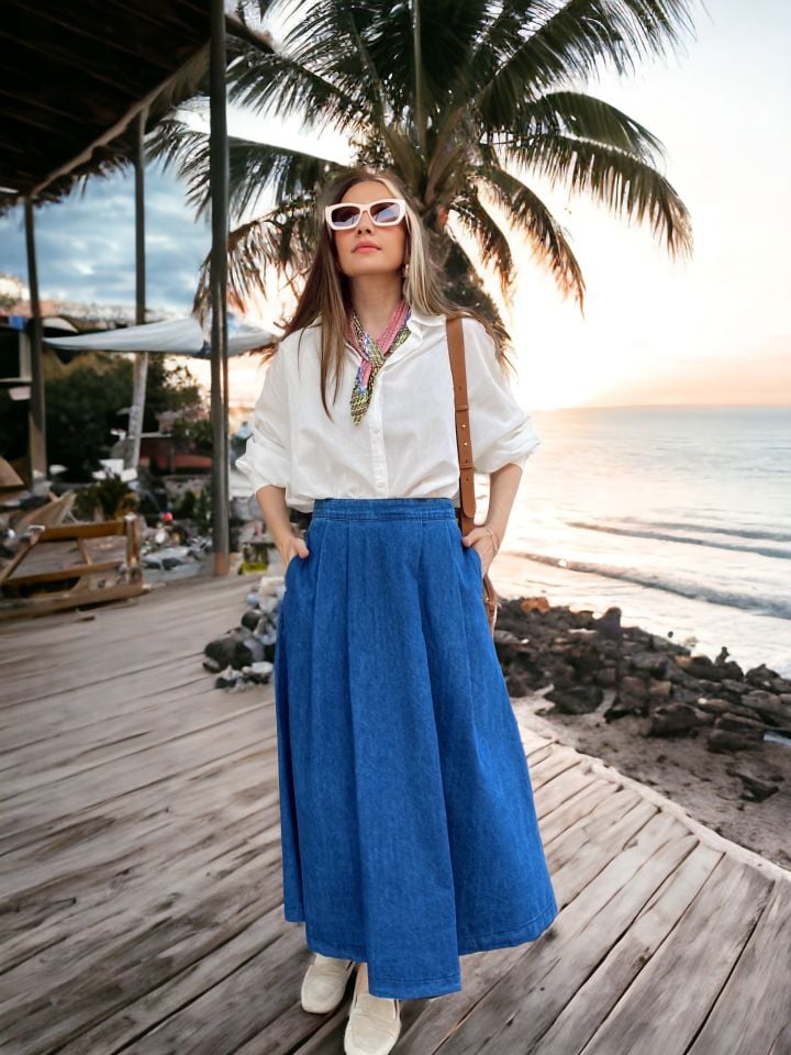 Tasarım Maxi Denim Etek Koyu Mavi