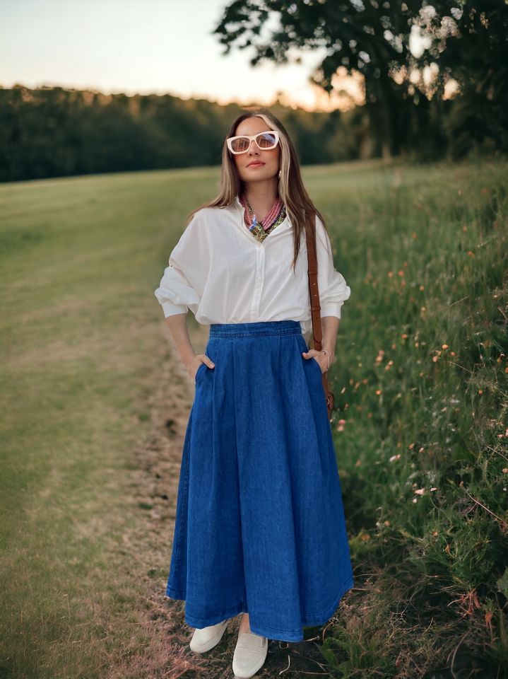 Tasarım Maxi Denim Etek Koyu Mavi