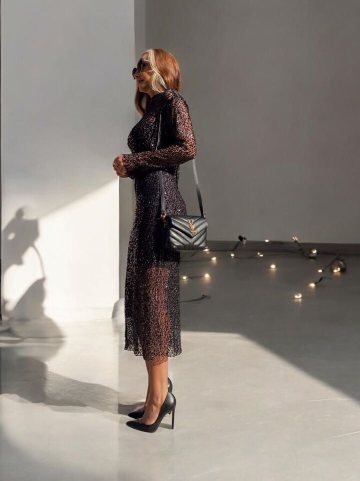 Payetli Premium Elbise Siyah