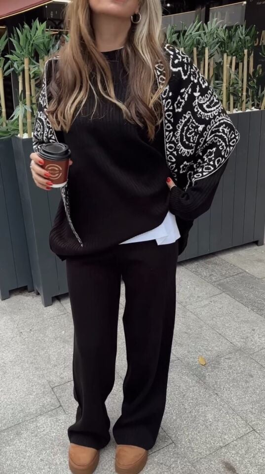 Triko Kazak Pantolon Takım Siyah