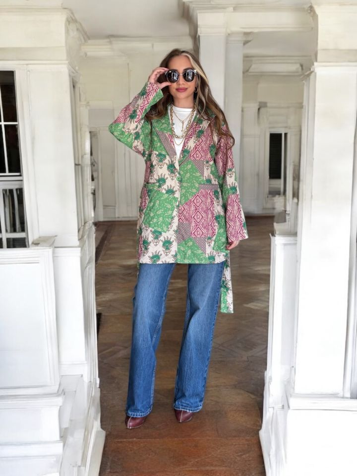 Tasarım Kuşaklı Kapitone Ceket Yeşil