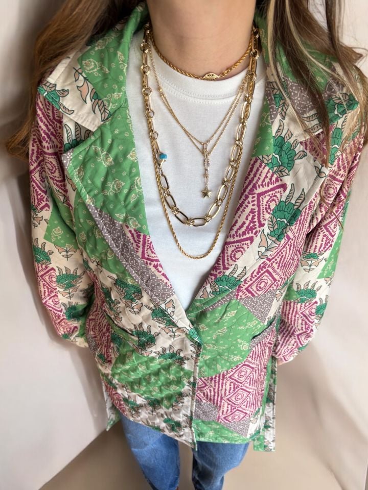 Tasarım Kuşaklı Kapitone Ceket Yeşil