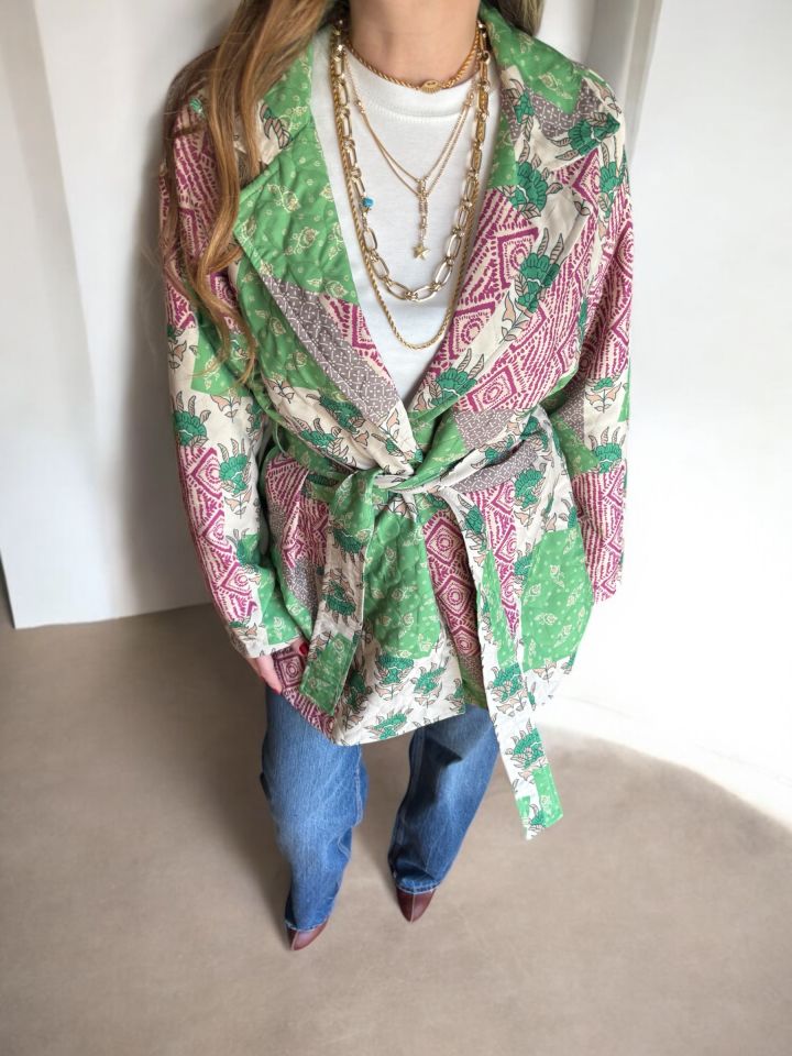 Tasarım Kuşaklı Kapitone Ceket Yeşil