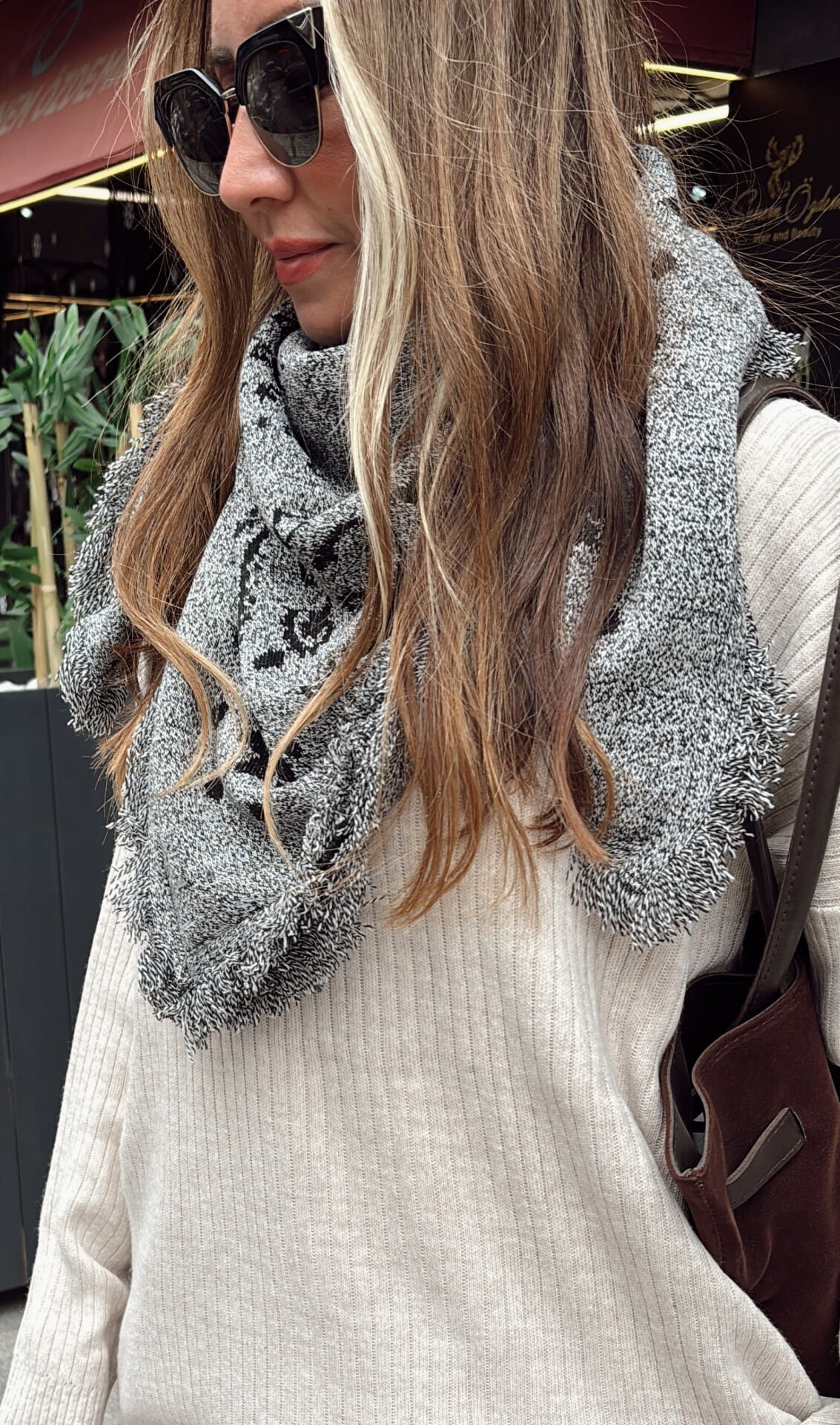 Desenli Triko Şal Antrasit Siyah