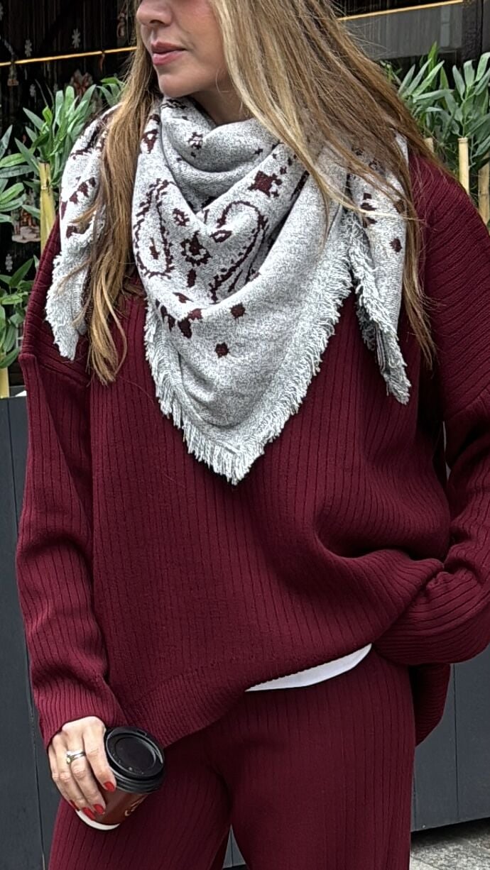 Desenli Triko Şal Gri Bordo