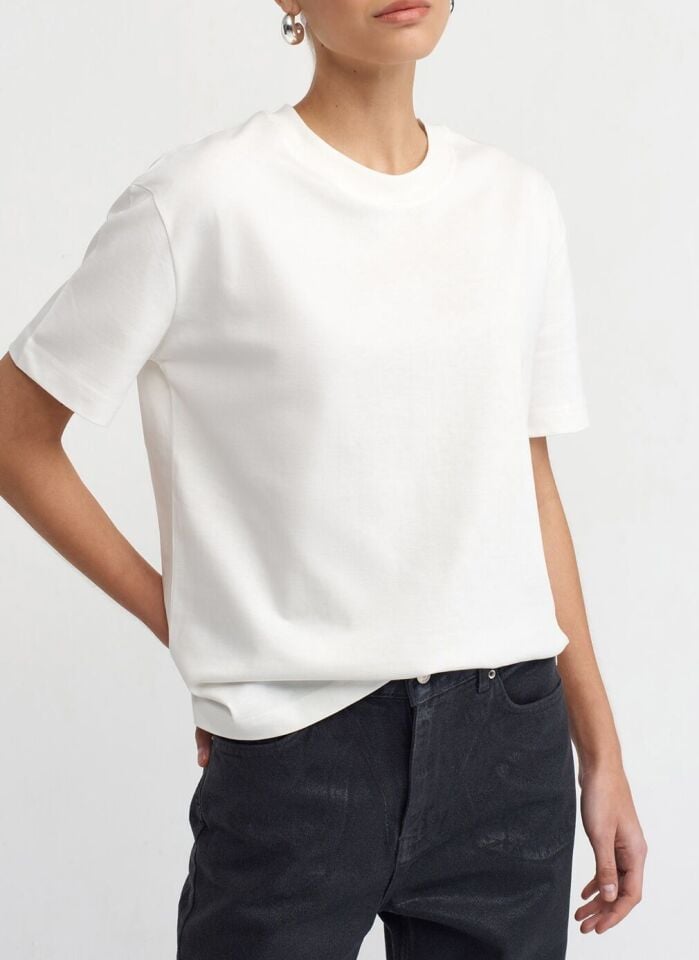 Tok Dokulu %100 Pamuk Tişört Beyaz