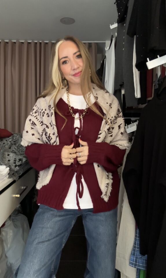 Desenli Triko Şal Bej Bordo