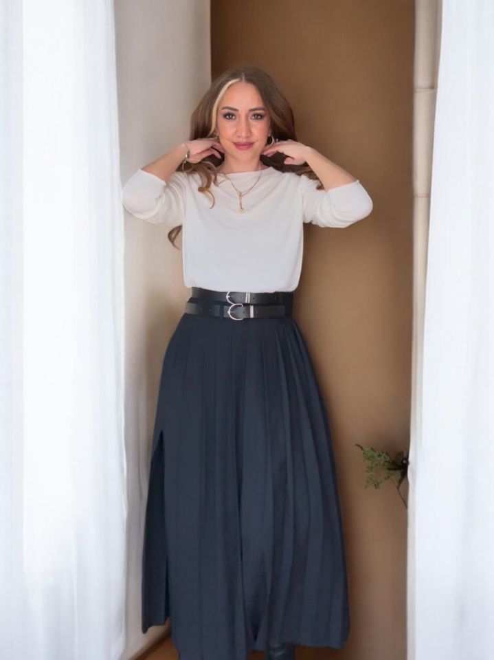 Premium Çift Kemerli Pileli Maxi Etek