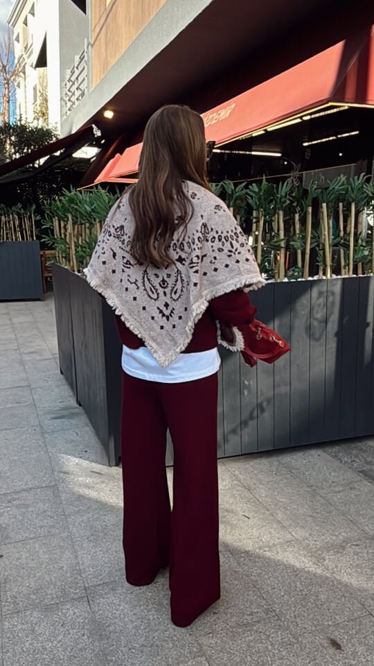 Desenli Triko Şal Bej Bordo