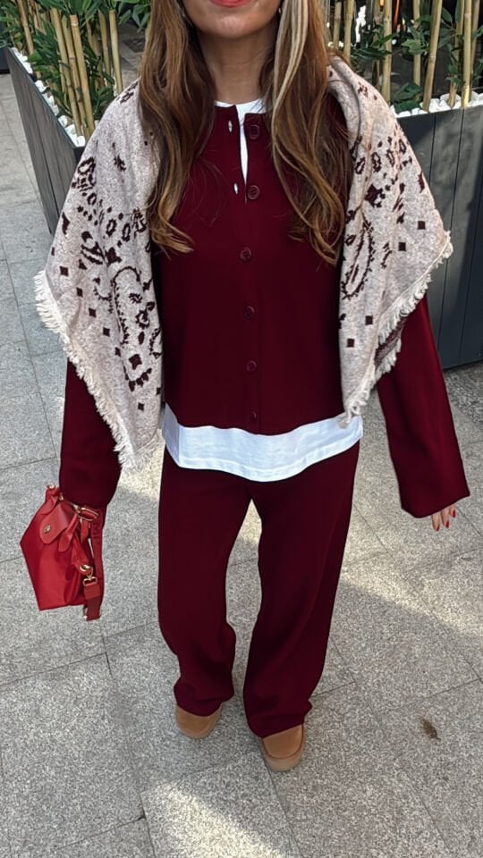 Desenli Triko Şal Bej Bordo