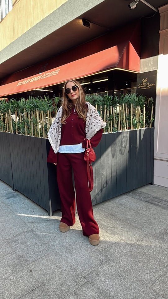 Düğmeli Triko Hırka Pantolon Takım Bordo