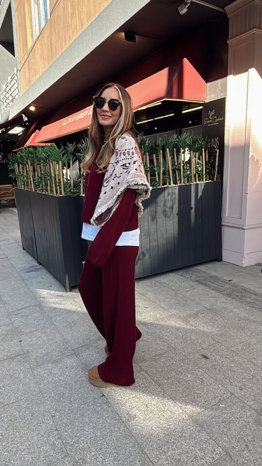 Düğmeli Triko Hırka Pantolon Takım Bordo