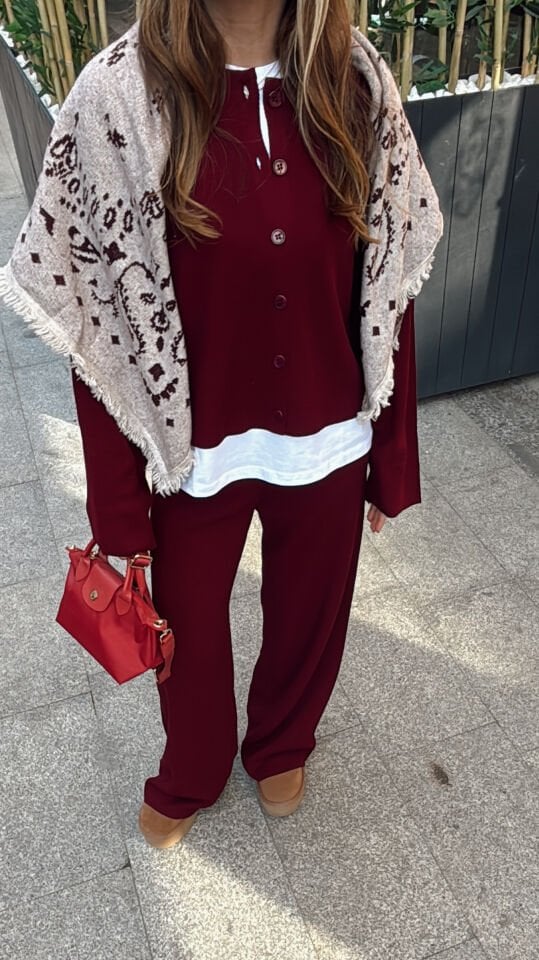 Düğmeli Triko Hırka Pantolon Takım Bordo