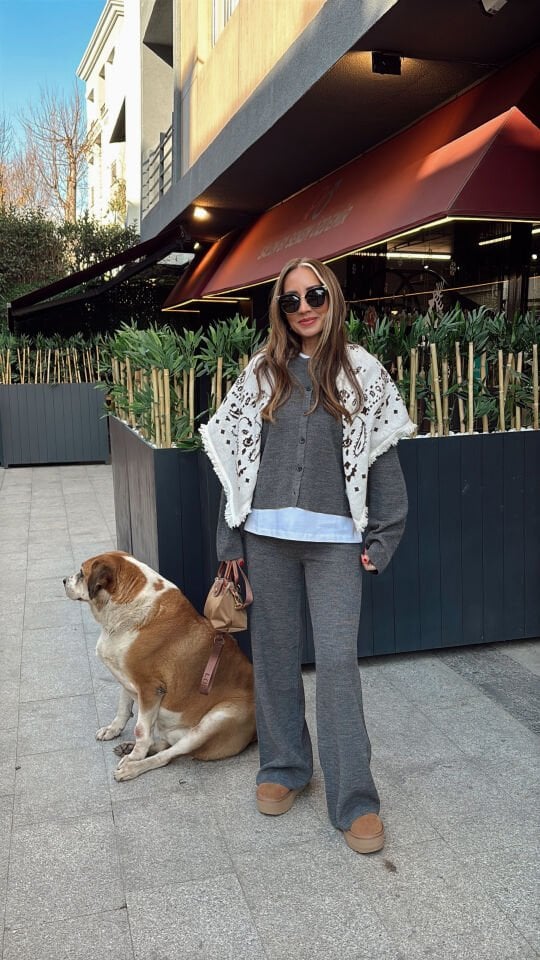 Düğmeli Triko Hırka Pantolon Takım Gri (DEVAMI YOKTUR)