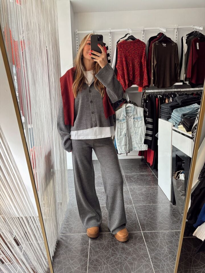 Düğmeli Triko Hırka Pantolon Takım Gri (DEVAMI YOKTUR)