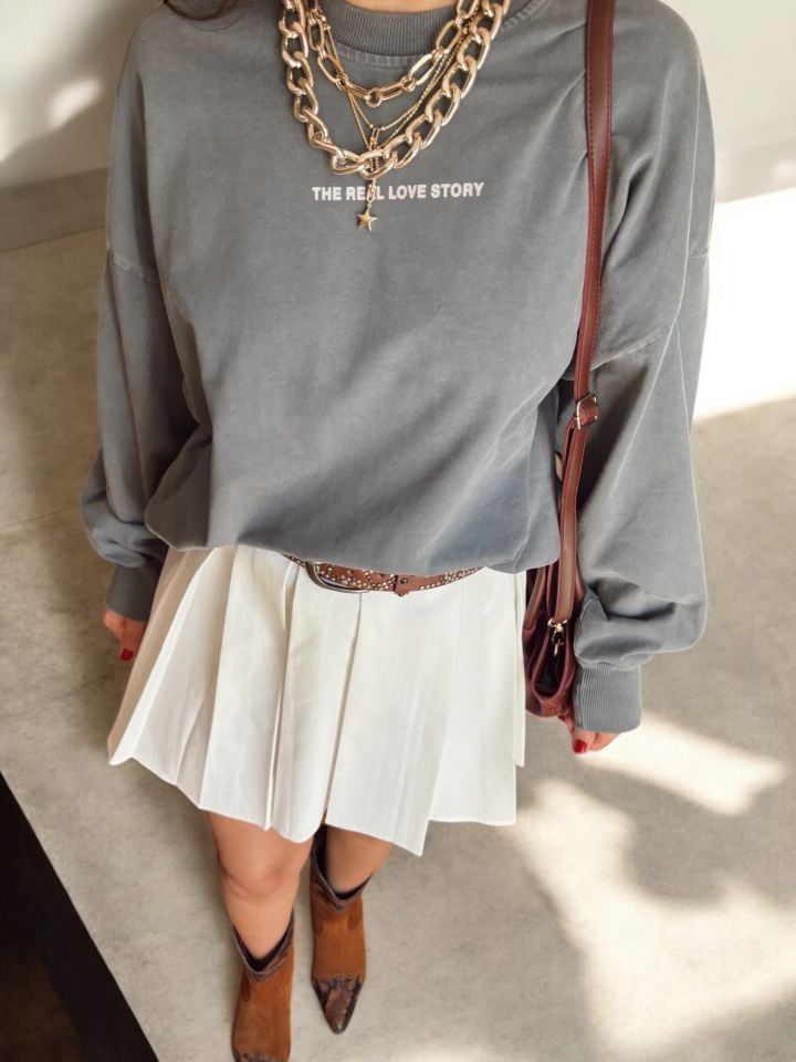 Premium Sırtı Taşlı Gri Sweathirt