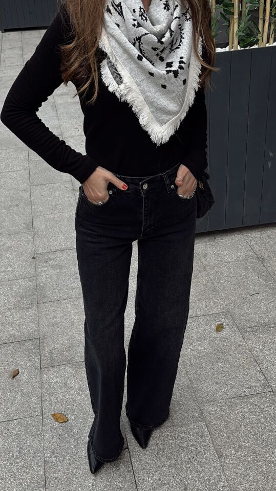 Wide Leg Jean Pantolon Koyu Antrasit