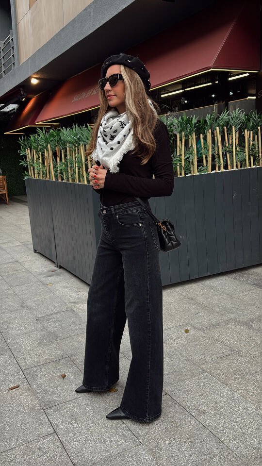 Wide Leg Jean Pantolon Koyu Antrasit