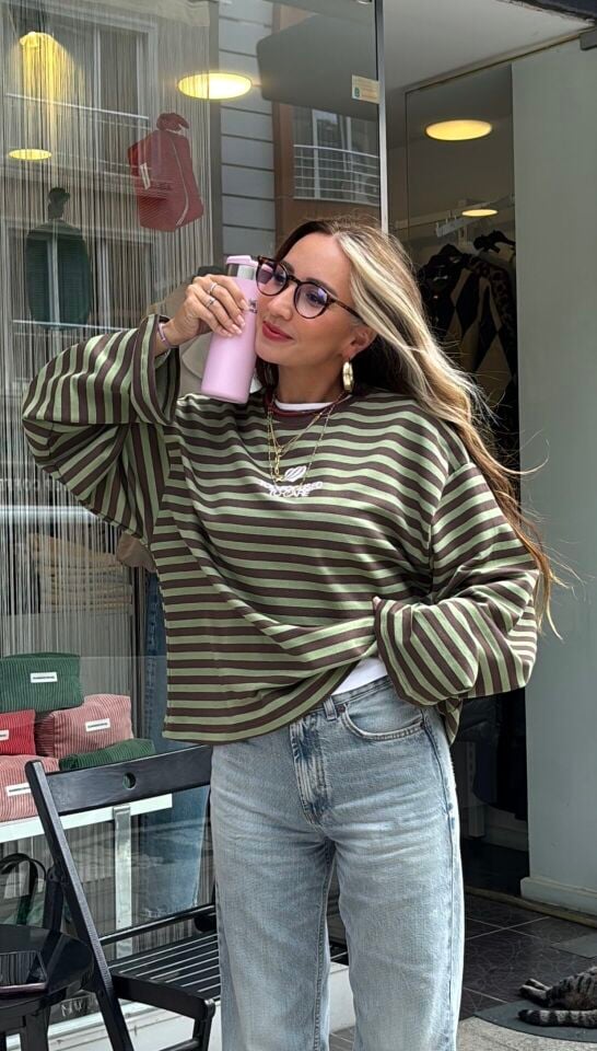 Çizgili Oversize Sweatshirt Yeşil Kahve