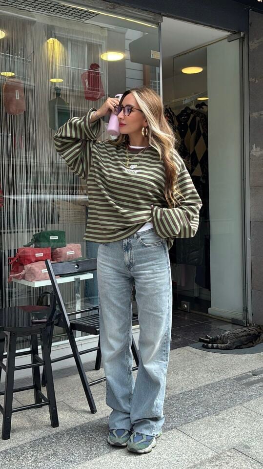 Çizgili Oversize Sweatshirt Yeşil Kahve