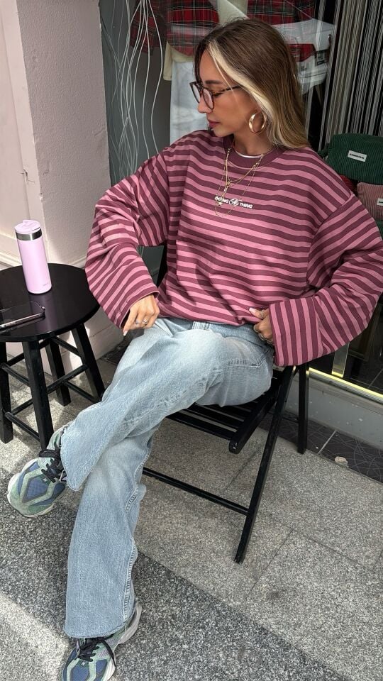 Çizgili Oversize Sweatshirt Pembe Bordo