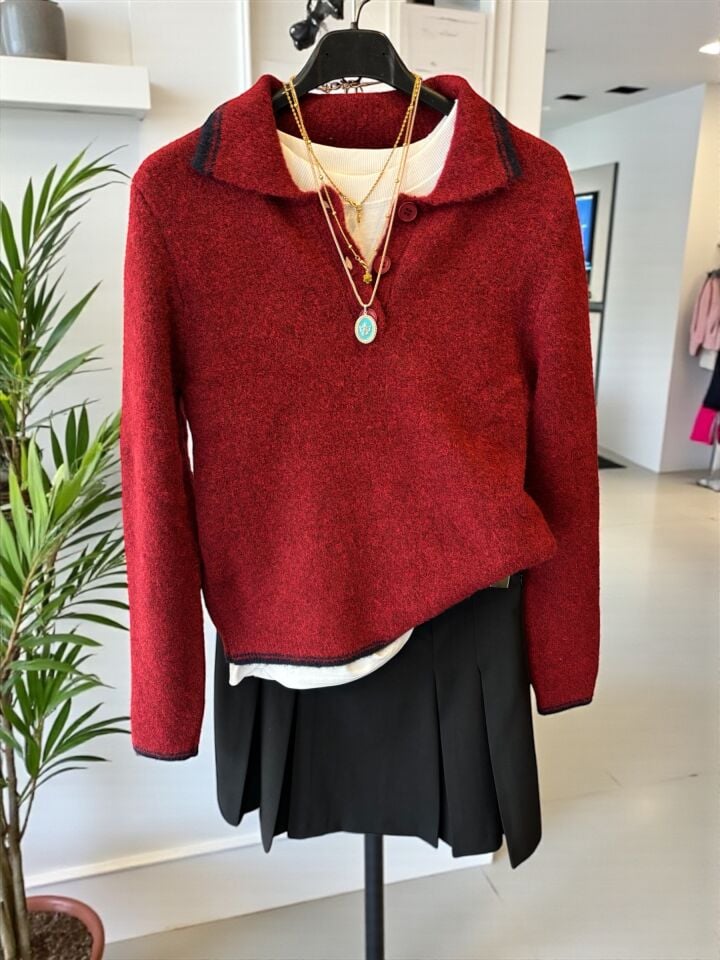 Polo Yaka Yumuşak Dokulu Kazak Bordo
