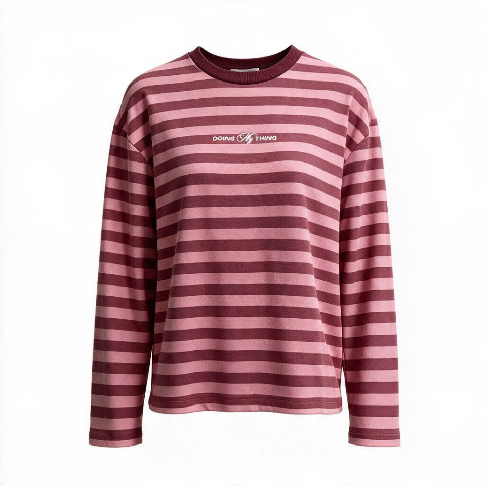 Çizgili Oversize Sweatshirt Pembe Bordo