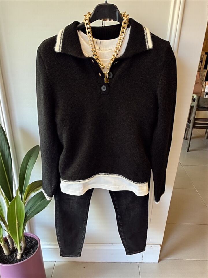 Polo Yaka Yumuşak Dokulu Kazak Siyah