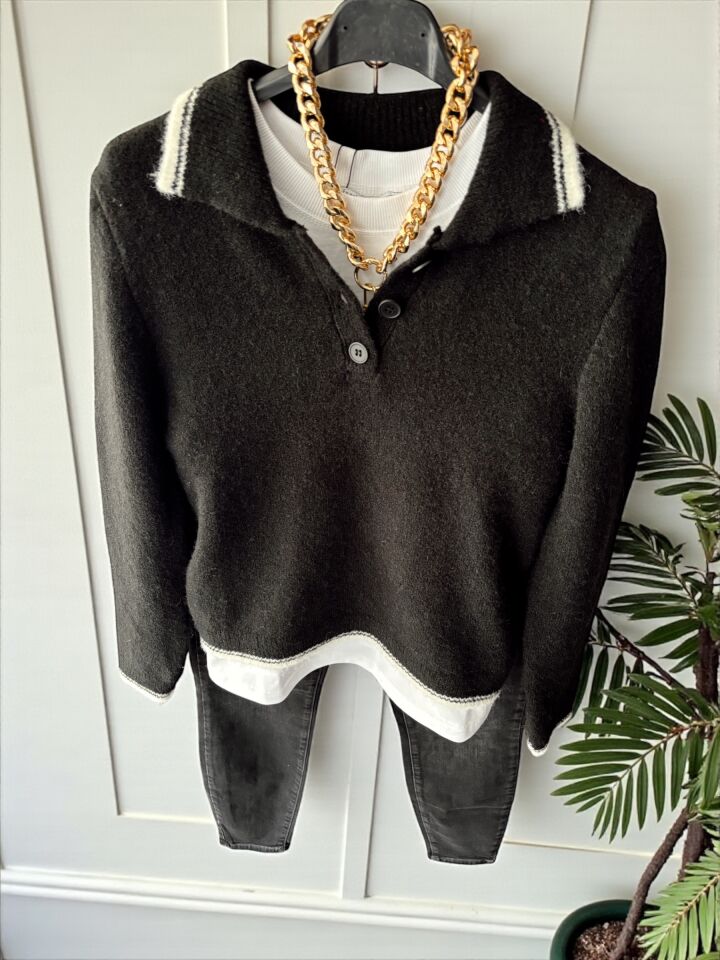 Polo Yaka Yumuşak Dokulu Kazak Siyah