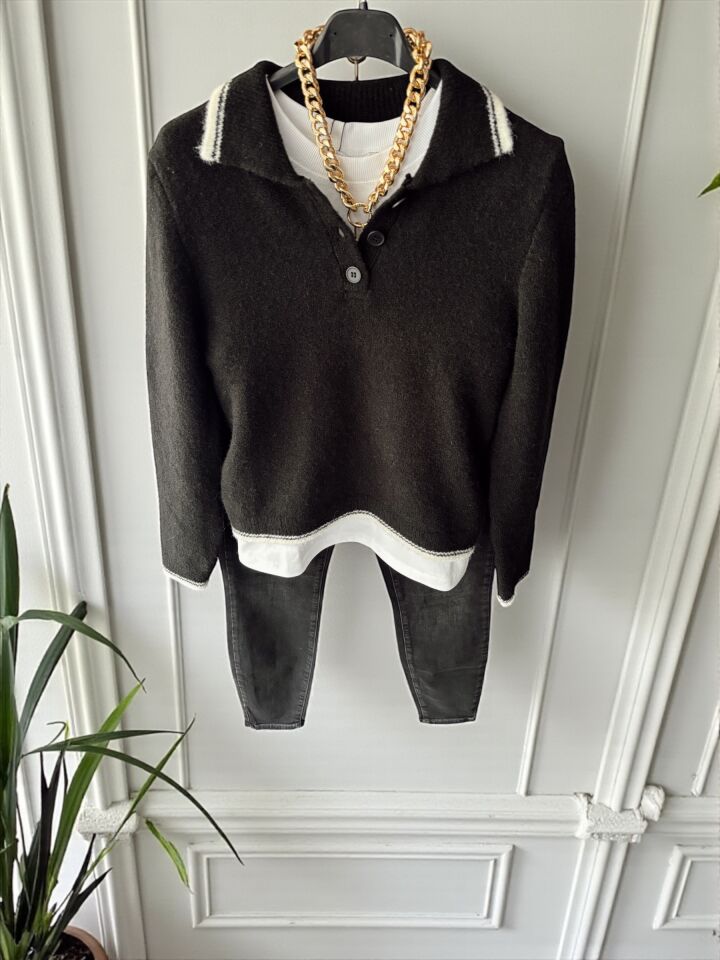 Polo Yaka Yumuşak Dokulu Kazak Siyah