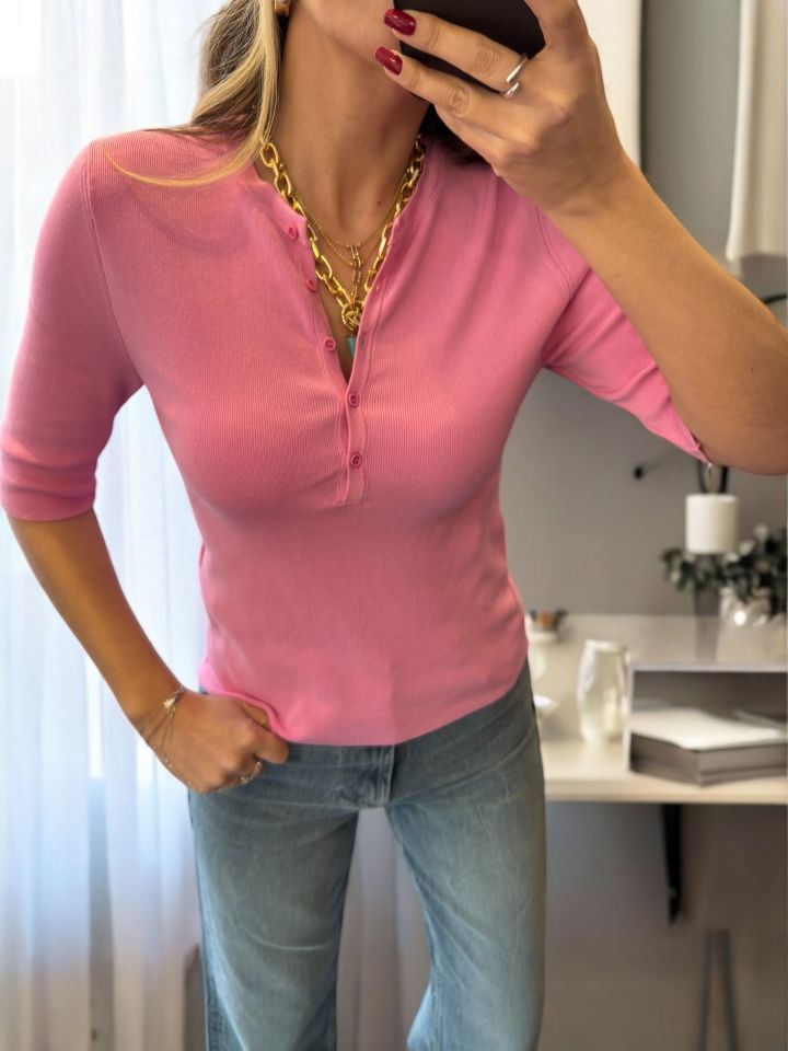 Düğmeli Kısa Kol Triko Bluz Pembe