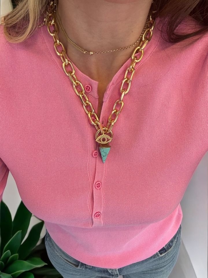 Düğmeli Kısa Kol Triko Bluz Pembe