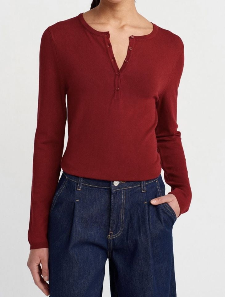 Düğmeli Uzun Kol Triko Bluz Bordo
