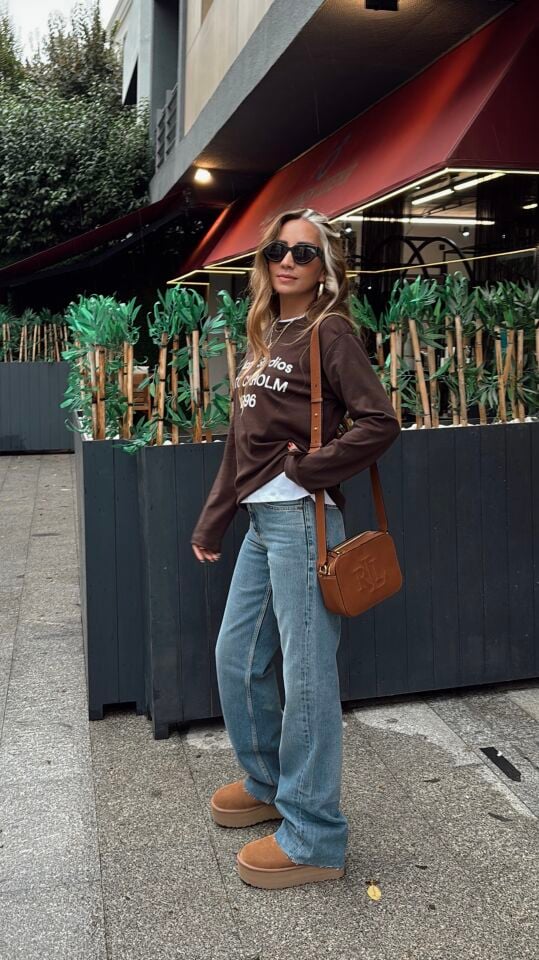 Bisiklet Yaka Acne Sweatshirt Kahverengi