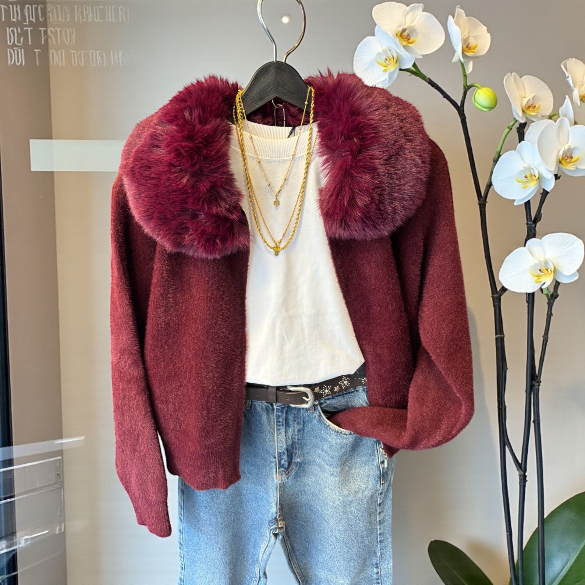 Premium Yakası Kürklü Fermuarlı Ceket Bordo