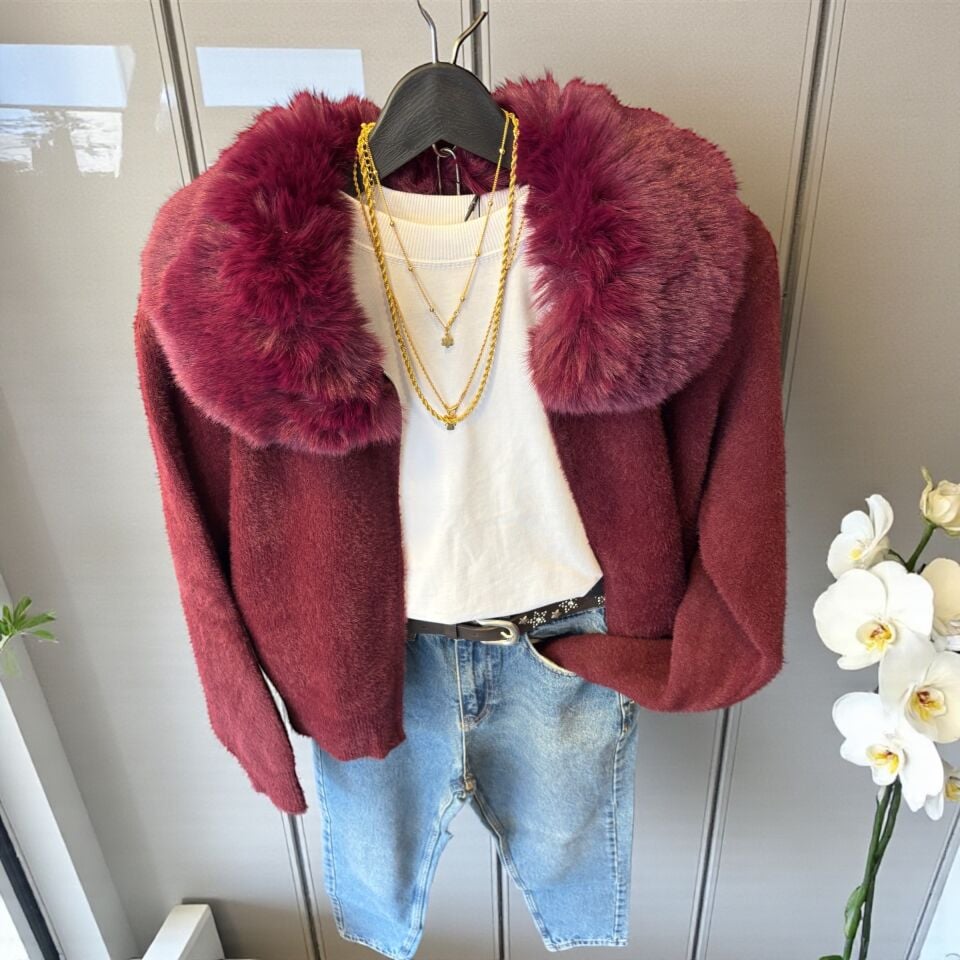 Premium Yakası Kürklü Fermuarlı Ceket Bordo