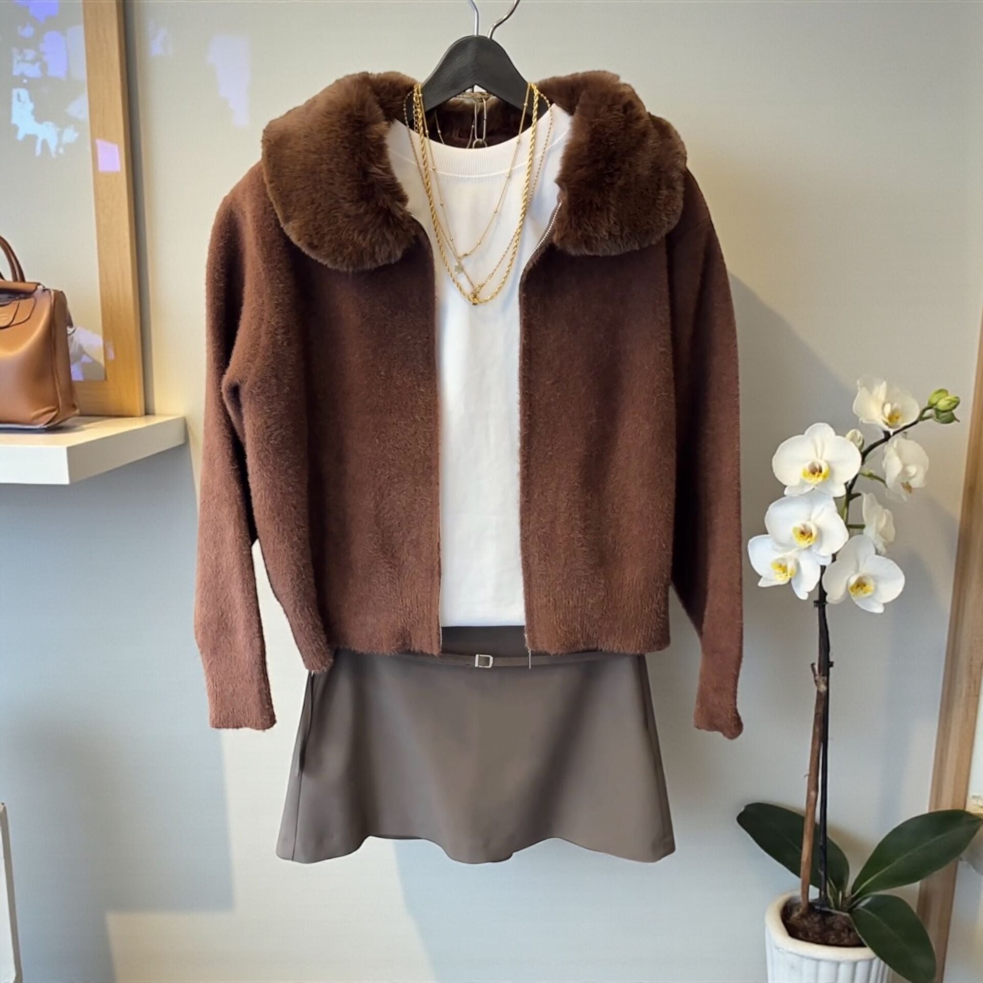 Premium Yakası Kürklü Fermuarlı Ceket Acı Kahve