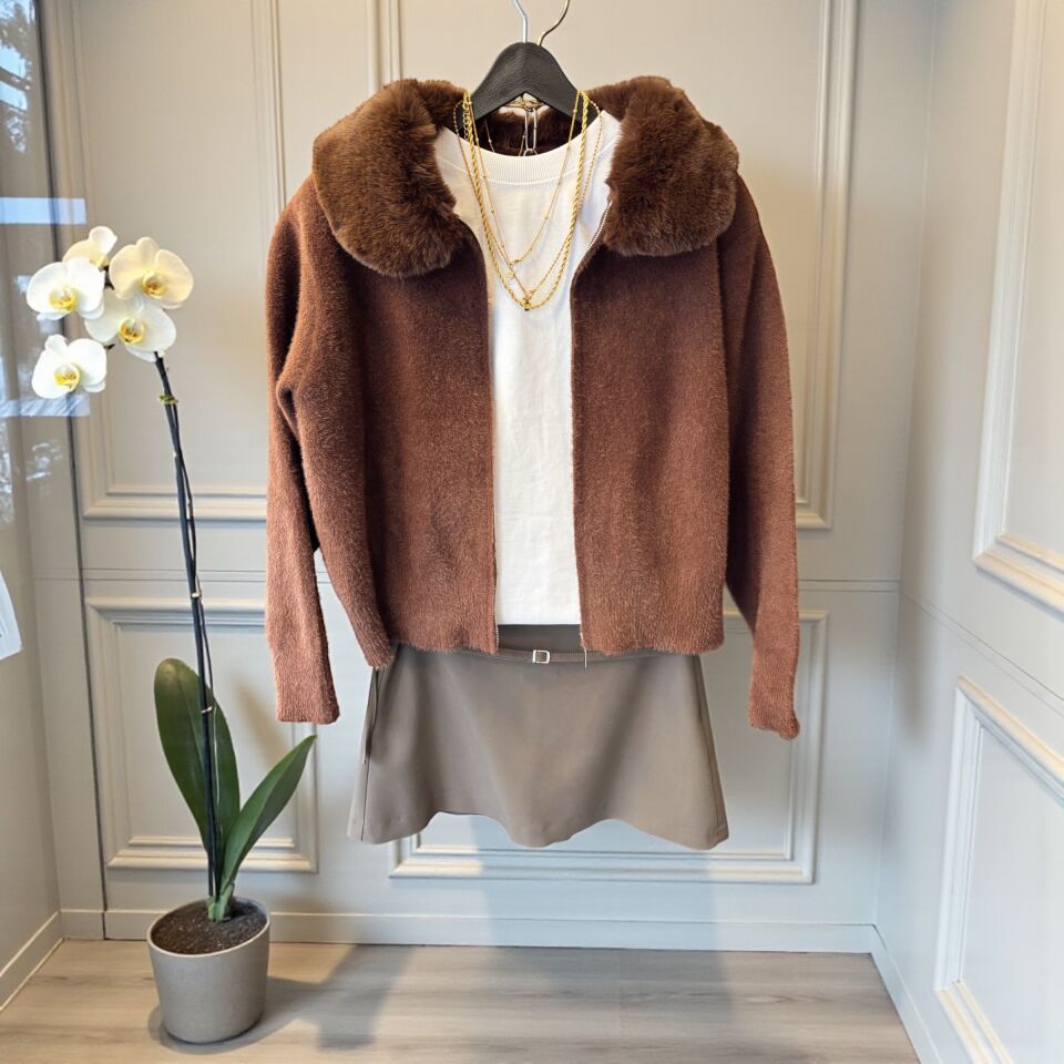 Premium Yakası Kürklü Fermuarlı Ceket Acı Kahve