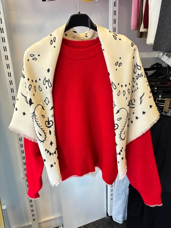 Premium Altı Şeritli Kırmızı Kazak