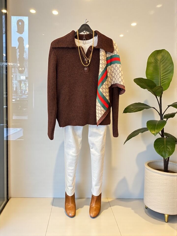 Yumuşak Dokulu Polo Yaka Kazak Acı Kahve