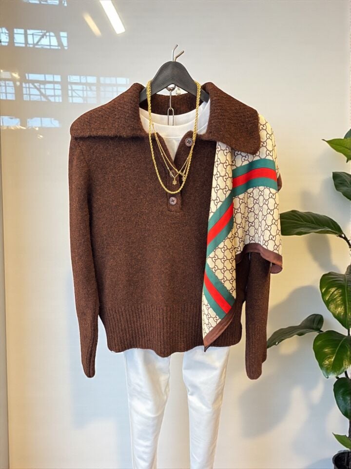 Yumuşak Dokulu Polo Yaka Kazak Acı Kahve