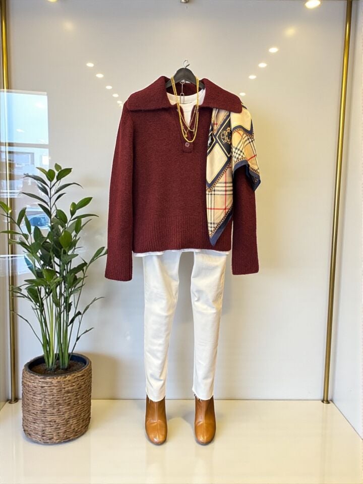 Yumuşak Dokulu Polo Yaka Kazak Bordo