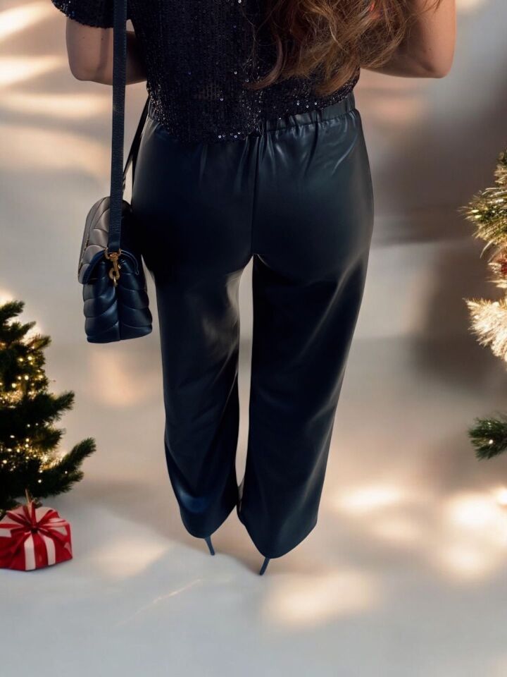 Suni Deri Straight Pantolon Siyah