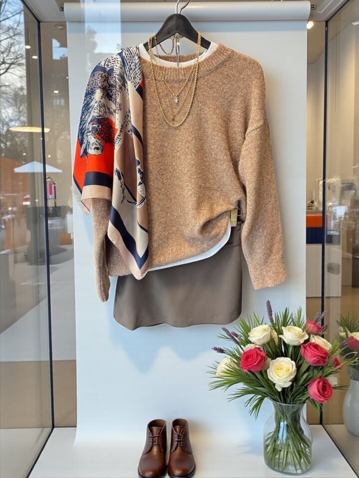 Yumuşak Dokulu Bisiklet Yaka Bej Melanj Kazak