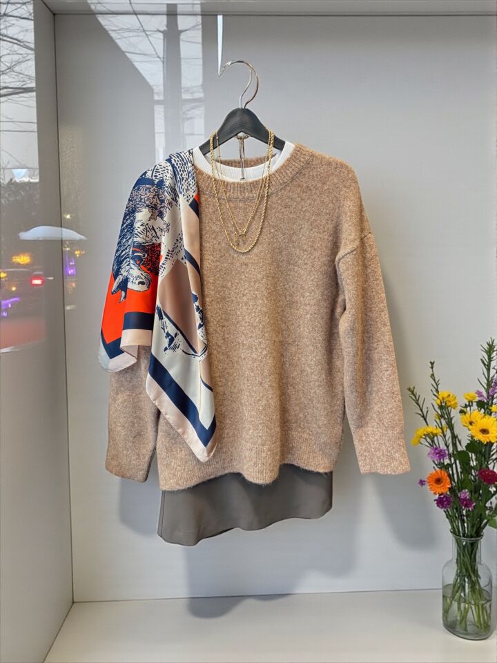 Yumuşak Dokulu Bisiklet Yaka Bej Melanj Kazak