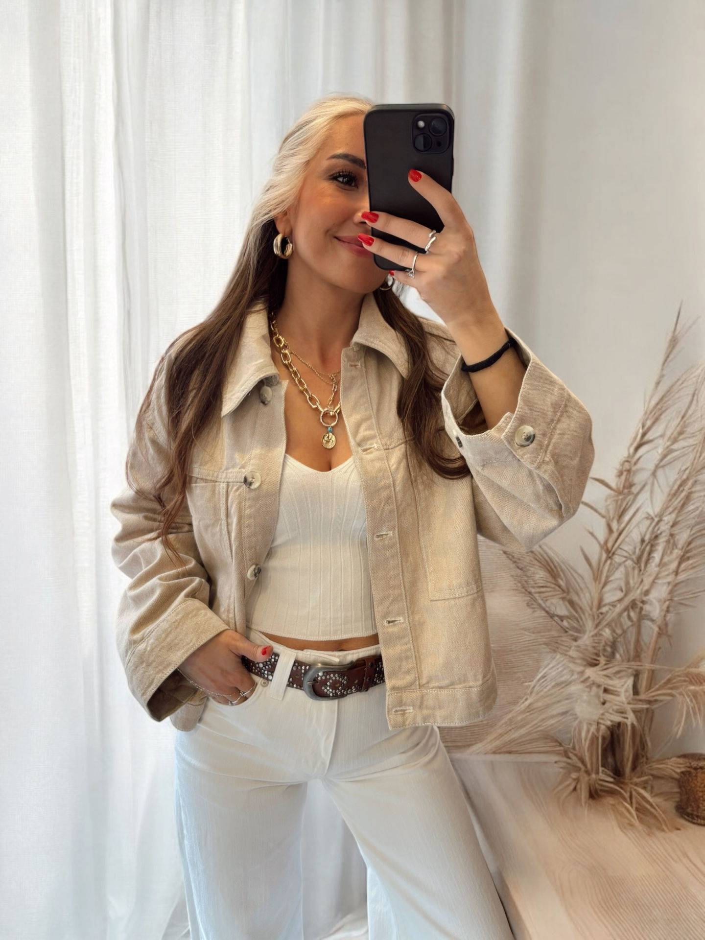 Oversize Cepli Bej Denim Ceket