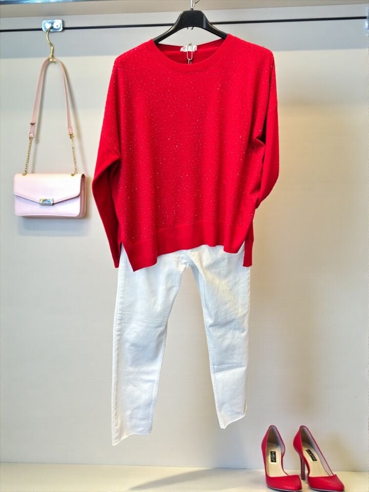 Taşlı Arkası Uzun Premium Triko Kırmızı