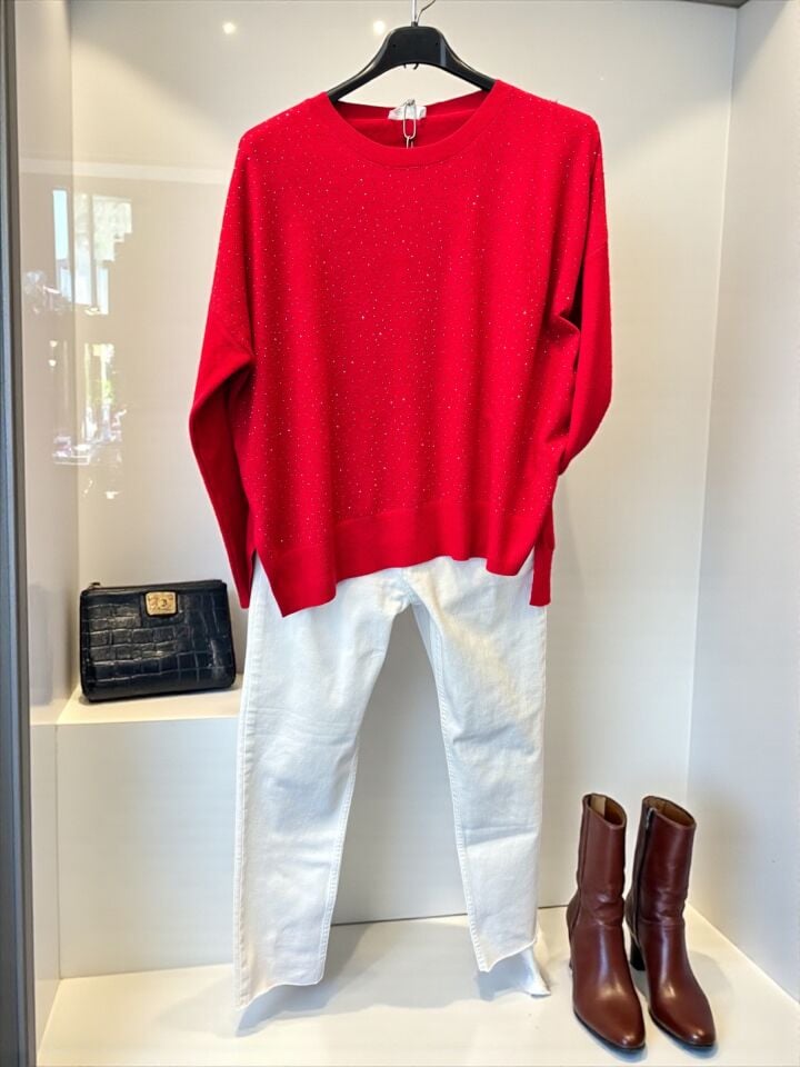 Taşlı Arkası Uzun Premium Triko Kırmızı