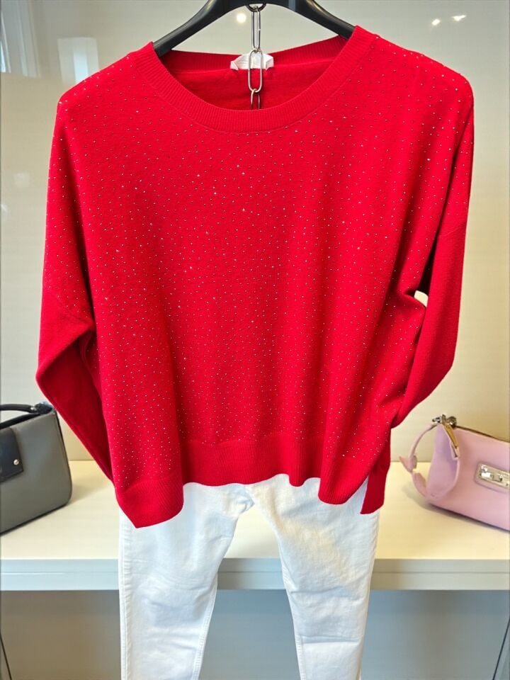 Taşlı Arkası Uzun Premium Triko Kırmızı