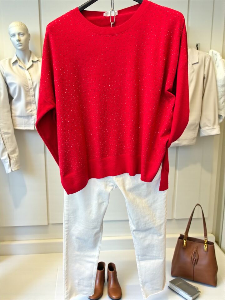 Taşlı Arkası Uzun Premium Triko Kırmızı